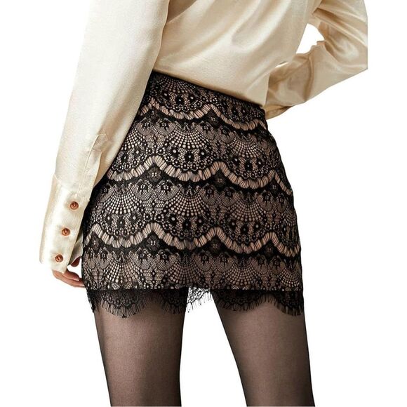 Free people NWT Zoey black lace nude lined ruched mini skirt size 12 - Picture 3 of 14